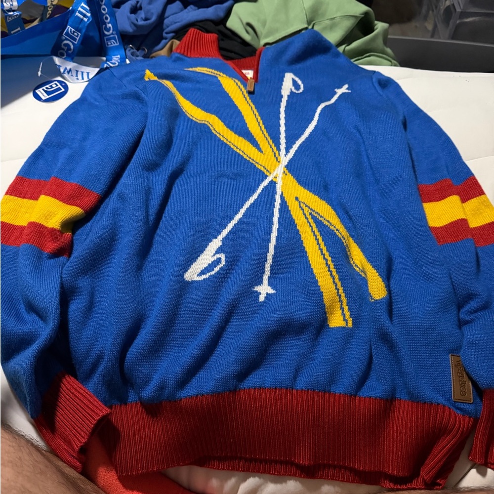 Tipsy Elves Men's quarter zip Blue Ski Graphic Knit Sweater